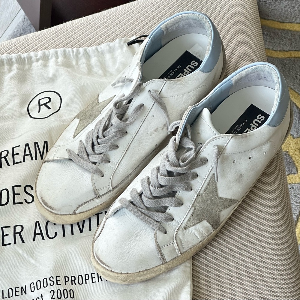Golden Goose Men Size US 9- EU 43: Old school ice-gray suede star and light blue